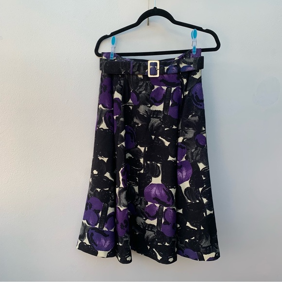 peony Dresses & Skirts - "Peony" Ladies Size 8 Circle Skirt Purple Black Floral Wool Silk Belted Lined